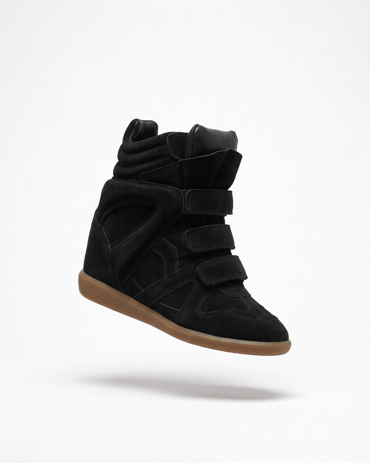 Leather Wedge Sneakers – Black, floating three-quarter view