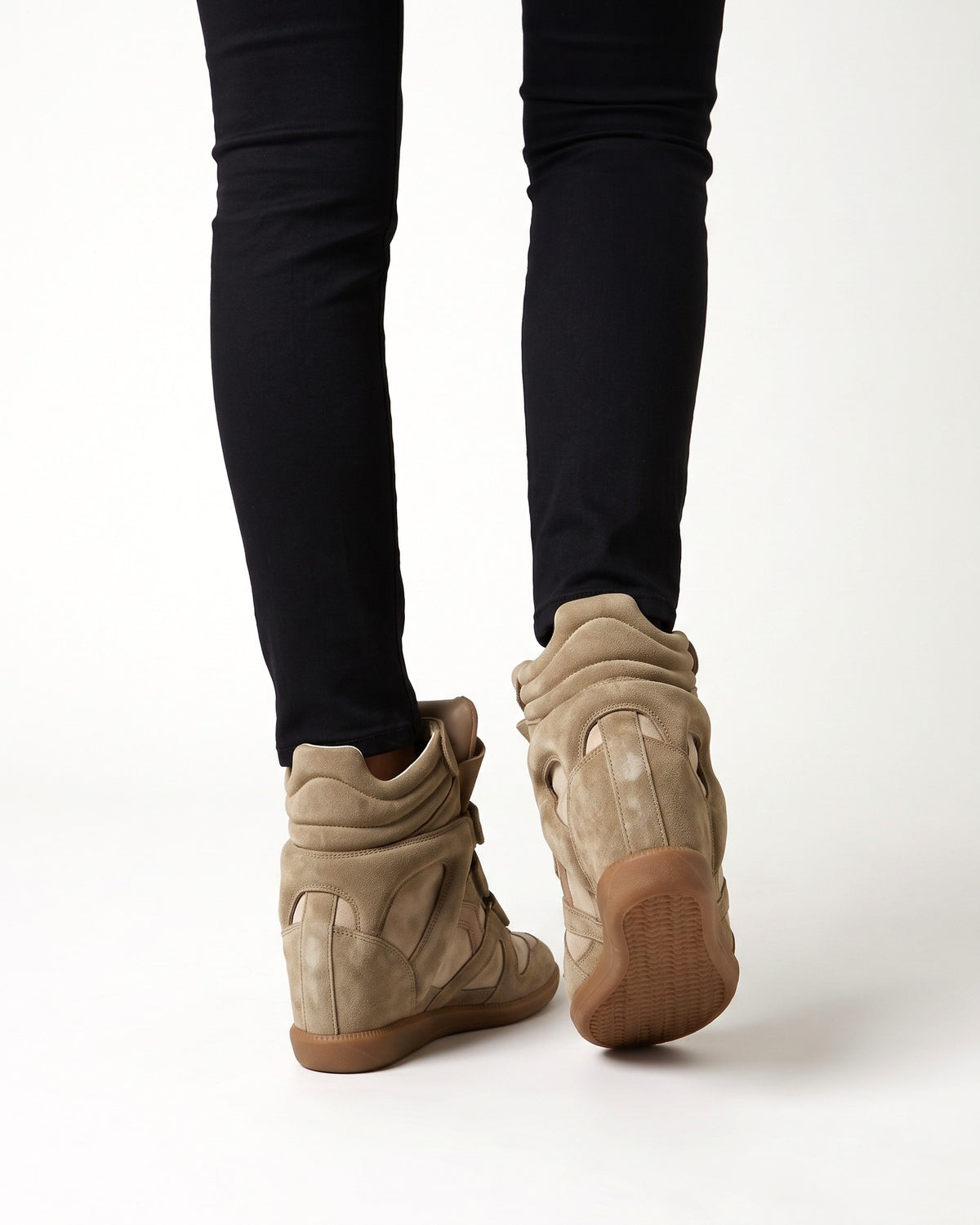 Leather Wedge Sneakers – Taupe, worn, seen from behind