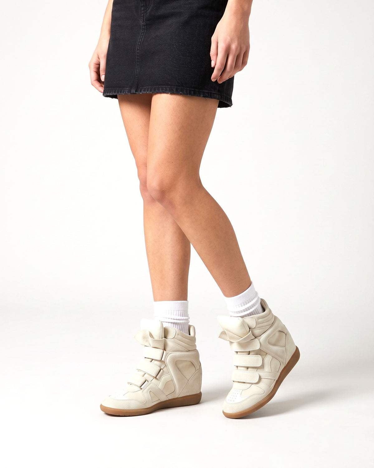 Leather Wedge Sneakers – Ecru, worn with a denim skirt