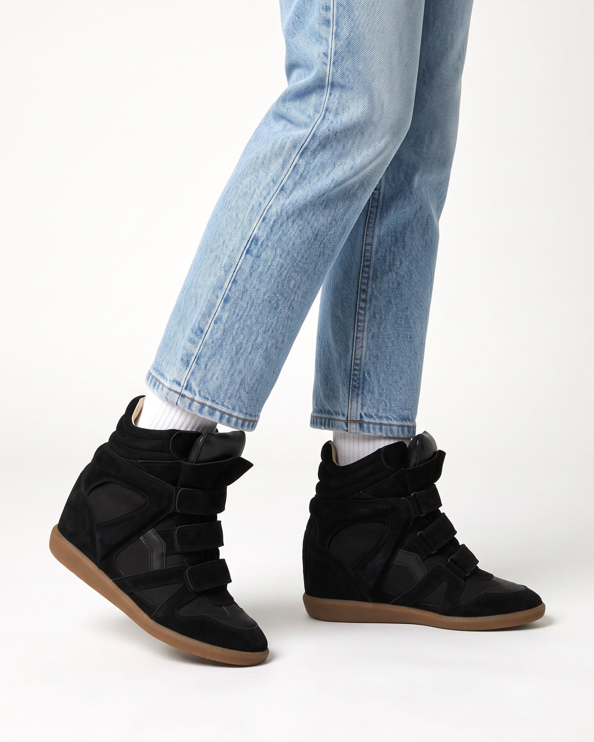 Leather Wedge Sneakers – Black, worn with jeans