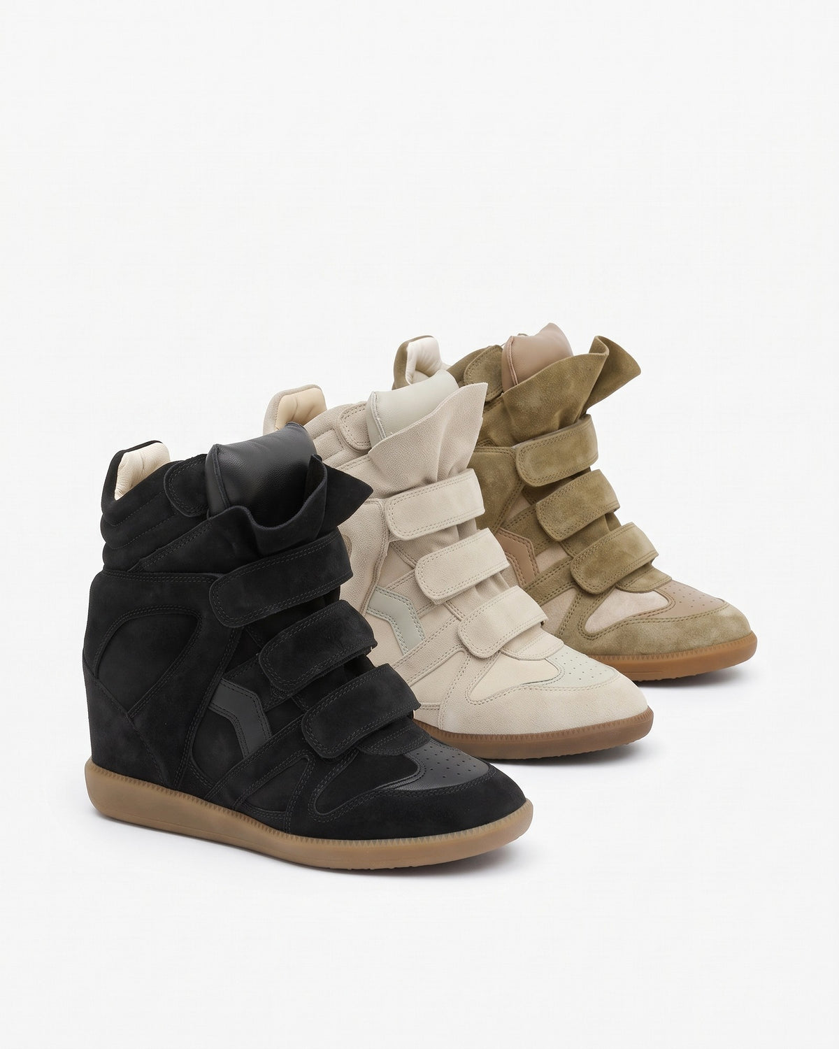 Leather Wedge Sneakers – Black, Ecru and Taupe