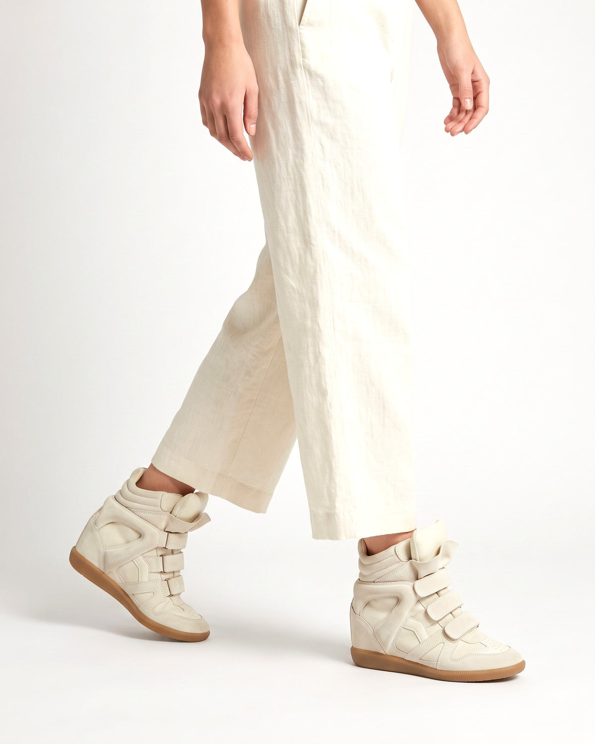 Leather Wedge Sneakers – Ecru, worn with linen trousers